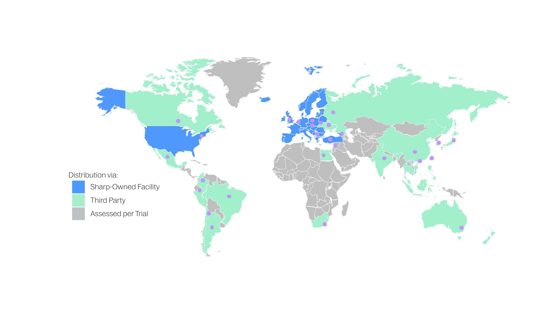 World map of the Sharp clinical distribution network, marking countries served by Sharp-owned facilities, by third parties, and those assessed per trial