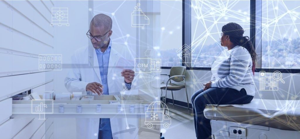 A pharmacist preparing medication and a patient at a clinic, overlaid with supply chain icons and a connecting network graphic